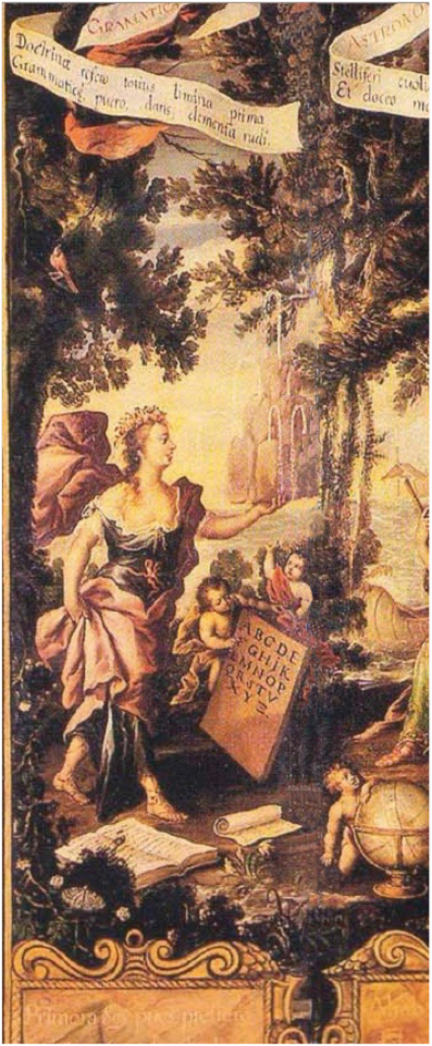 Detail from Juan Correa, Las Artes liberales, c. 1670, representing an allegory of Grammar