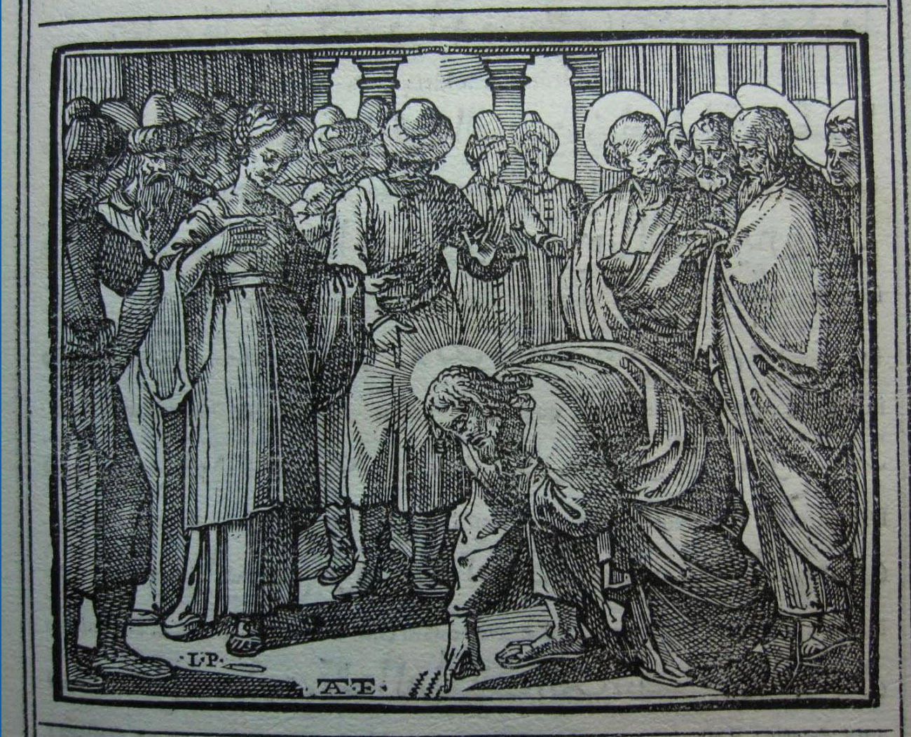 Woodblock print, Christ Writes in the Dust on the Floor, illustration from the Biblia Arabica
